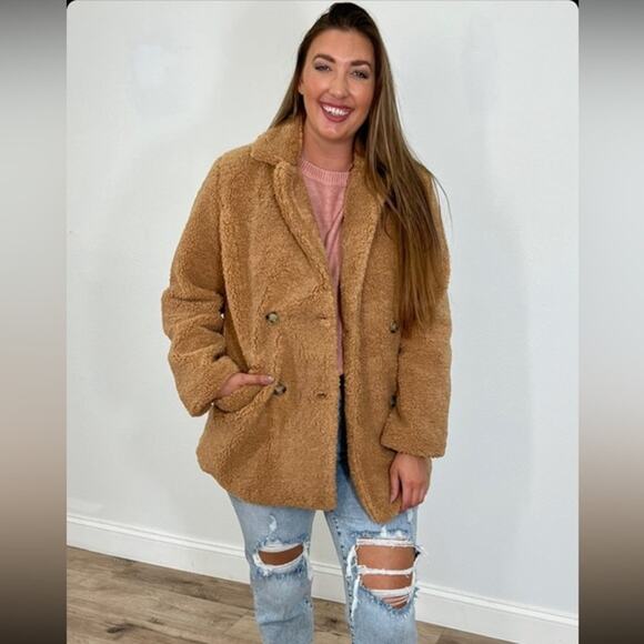 Talulah S/M Tan Camel Max Oversized Teddy Coat Double Breasted Cozy Warm Soft - Picture 12 of 12